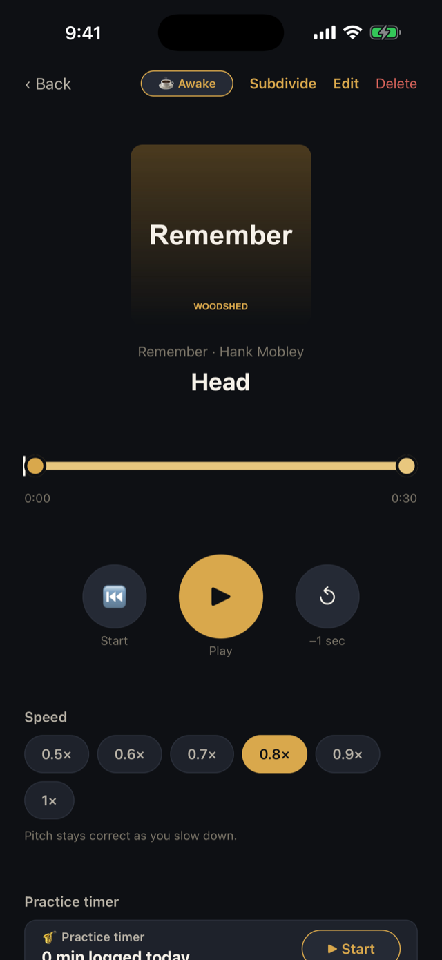 Woodshed loop player slowing a phrase to 0.8× with the pitch locked